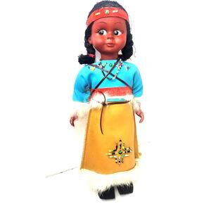 10 1/2" VTG Native American Doll & Twin Babies w/Beaded Leather Clothes & Shoes